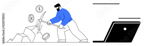 Man using pickaxe to extract currency signs from rocks, dollar, euro, yen. Ideal for finance, investment, economic strategies, digital economy, hard work wealth extraction determination abstract
