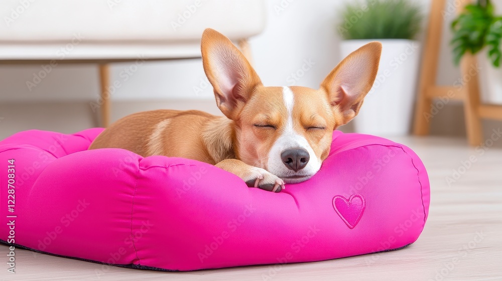 Cute Dog Sleeping Comfortably on Pink Pet Bed in Cozy Room Cute Dog Sleeping Comfortably on Pink Pet Bed in Cozy Room