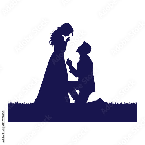 A couple silhouettes of a man proposing to a woman vector art illustration of Valentine's day