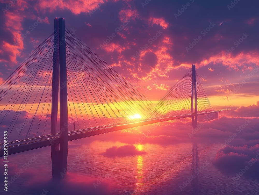 Obraz premium Aerial View of Modern Suspension Bridge at Sunset in Poland