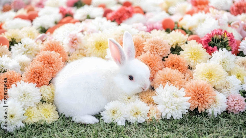 Fototapeta premium Fluffy White Rabbit Amidst Spring Flowers