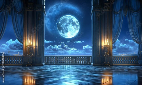 Enchanted ballroom with moonlit view, showcasing elegance and serene atmosphere at night