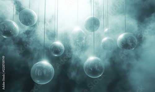 3D render of a cluster of luminous spheres hovering in a misty atmosphere., Generative AI
