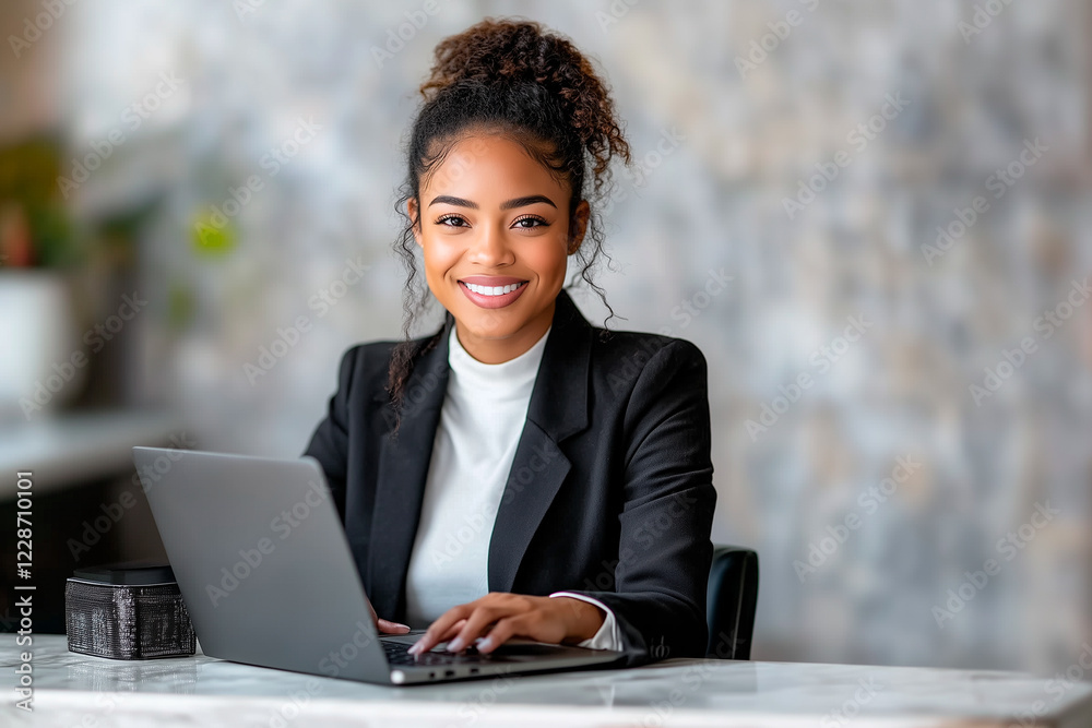 Smiling businesswoman working on laptop in modern office Smiling businesswoman working on laptop in modern office