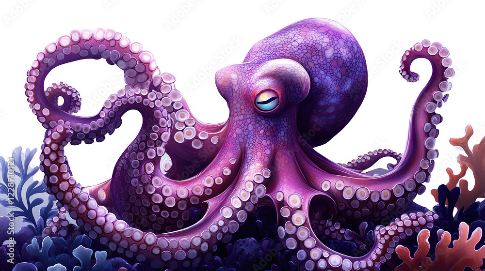 Fototapeta premium Colorful octopus with detailed texture in underwater scene, surrounded by vibrant coral.