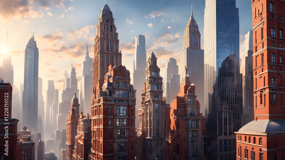 Obraz premium Sunrise cityscape with a mix of modern glass skyscrapers and vintage brick buildings, creating a dramatic architectural contrast.