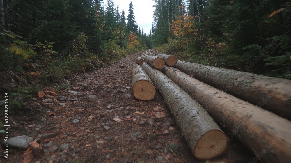 Forest Logging Road with Stacked Timber Logs Forest Logging Road with Stacked Timber Logs