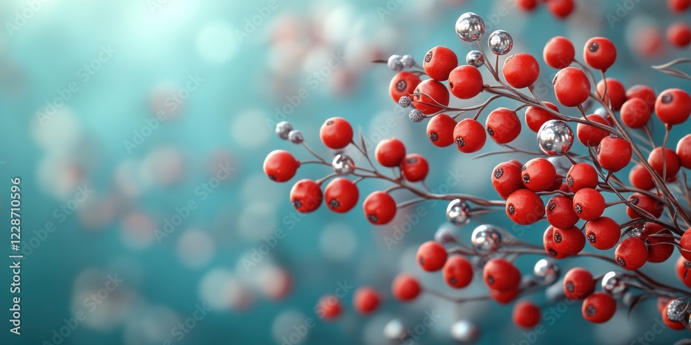 Winter Berries: A Festive and Serene Close-Up of Red Holly Berries and Silver Accents Against a Teal Background