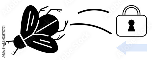 Black insect approaching a padlock with keyhole. Blue directional arrow points left. Ideal for cybersecurity, digital safety, malware protection, antivirus, web security, privacy awareness. Line