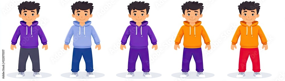 Five boys in hoodies, various colors, white background, website use Five boys in hoodies, various colors, white background, website use