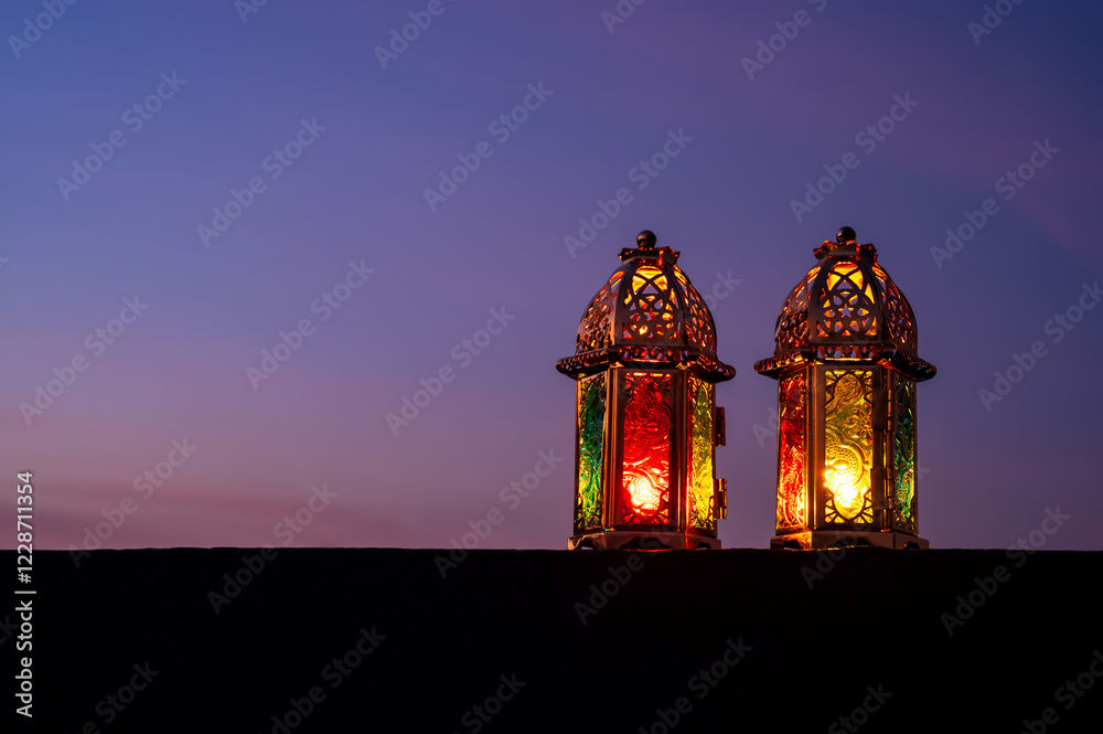 Golden lanterns with dusk sky background Golden lanterns with dusk sky background