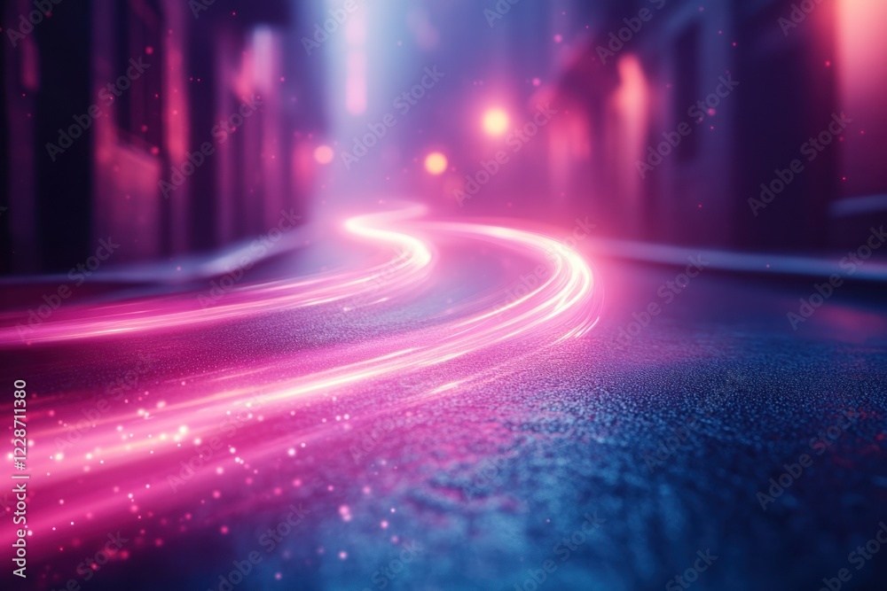 Neon Light Trails in Misty Urban Alley at Night Neon Light Trails in Misty Urban Alley at Night