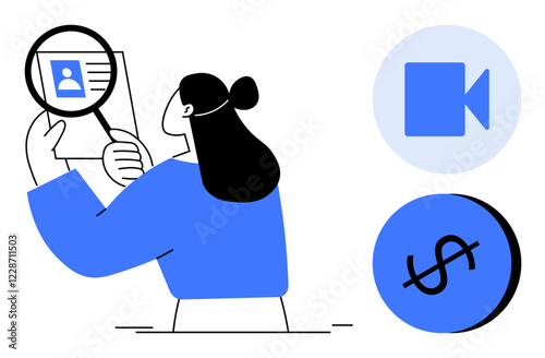 Woman holding a profile under a magnifying glass, video camera, and dollar sign icons. Ideal for concepts of employment, video conferencing, financial review, digital identity, analysis, online