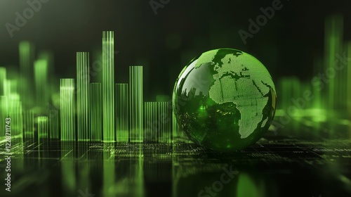 3D render of a financial boom with a globe and rising market lines, vibrant greens.