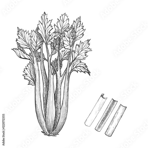 Celery. Graphic illustration. Set of celery stalk. Vector. Healthy vegetarian food. Hand drawn isolated ink sketch. Can be used for vegan menu, packaging seasoning, greengrocery