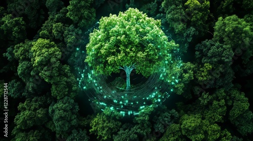 Green plant is growing on top of a computer chip. A digital tree with circuit board branches representing the growth and evolution of technology innovation and smart systems.