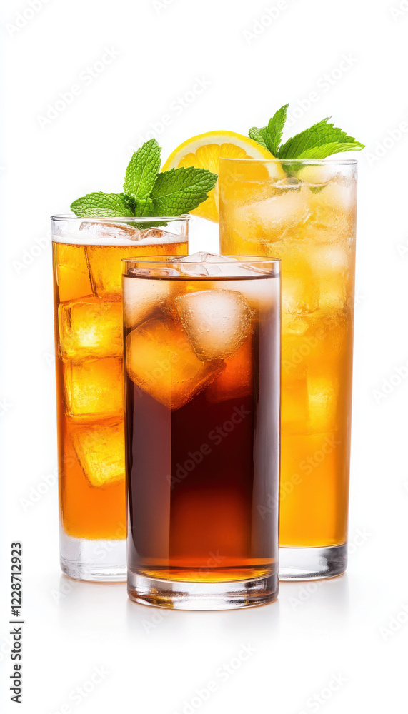 Refreshing iced beverages served in tall glasses with mint.