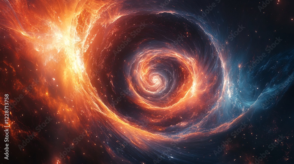 Fiery cosmic swirl powerfully spins vibrant orange and blue nebulae. AI Generated