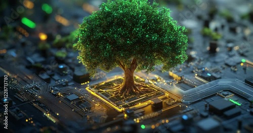 Green plant is growing on top of a computer chip. A digital tree with circuit board branches representing the growth and evolution of technology innovation and smart systems.