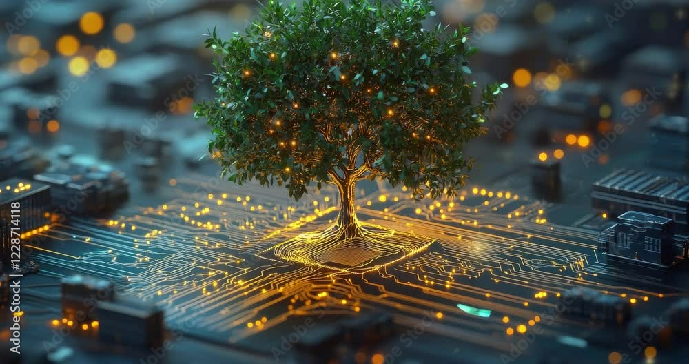 Green plant is growing on top of a computer chip. A digital tree with circuit board branches representing the growth and evolution of technology innovation and smart systems.