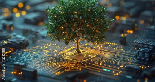 Green plant is growing on top of a computer chip. A digital tree with circuit board branches representing the growth and evolution of technology innovation and smart systems.