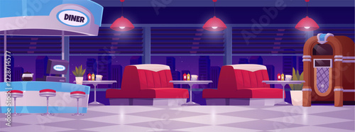 Diner cafe interior, vector illustration of red sofa with table, bar counter, music machine, window with cityscape view