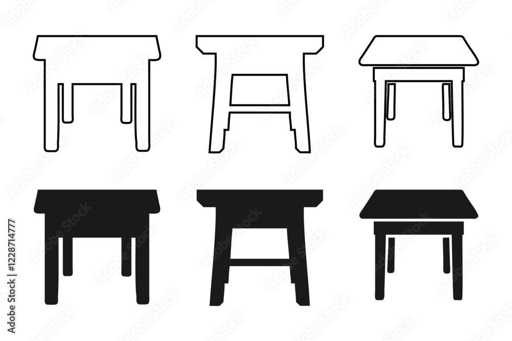 Vector Illustration of Various Tables in Outline and Solid Styles Vector Illustration of Various Tables in Outline and Solid Styles
