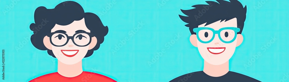 Two smiling people, teal background, website avatar Two smiling people, teal background, website avatar