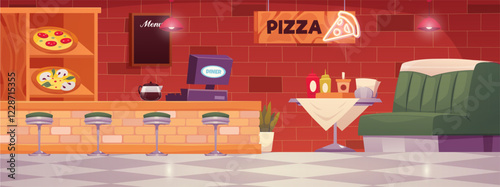 Diner cafe interior with Pizza signboard, vector sofa with table, menu board, bar counter, showcase with various pizzas