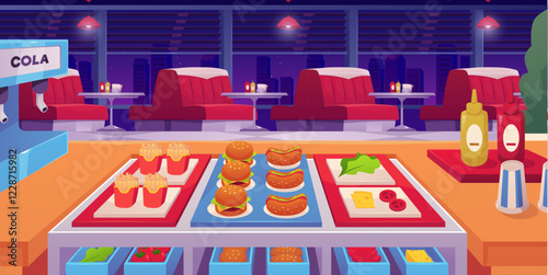 Diner cafe interior with fast food bar, vector red sofa with table, soda cooler, vintage American restaurant furniture
