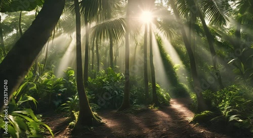 Tropical Nature at Sunrise, looping 4k time-lapse virtual video animation Generated AI. Cinematic.