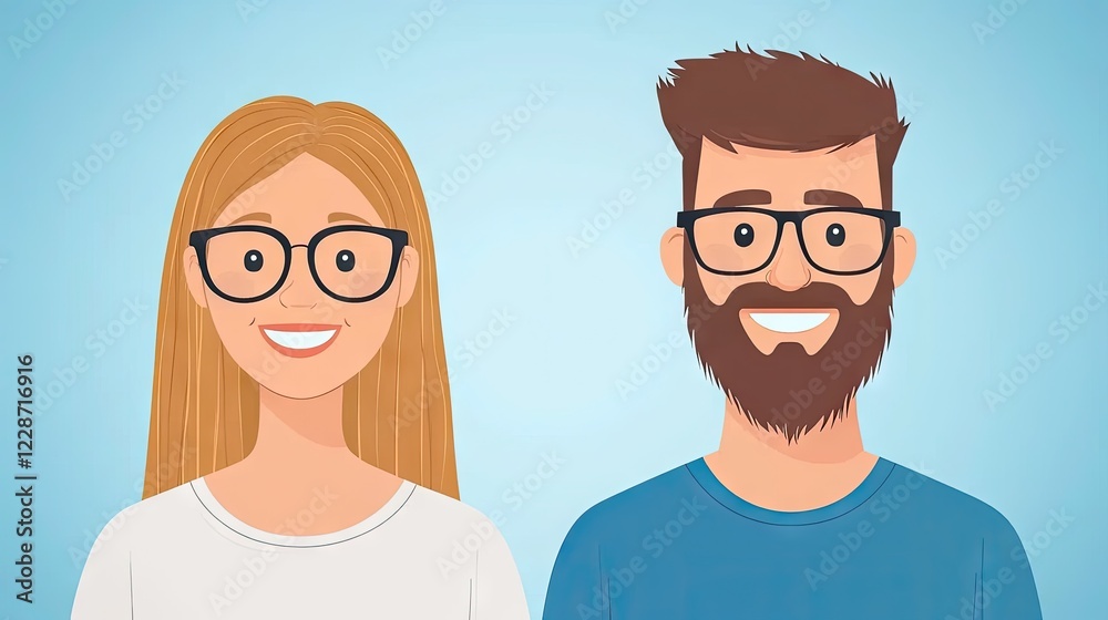 Happy couple smiling, profile pictures, light blue background, website use Happy couple smiling, profile pictures, light blue background, website use