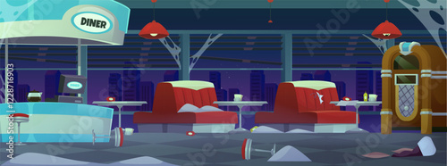 Abandoned diner cafe interior, vector flat illustration of destroyed red sofa with table, bar counter, music machine