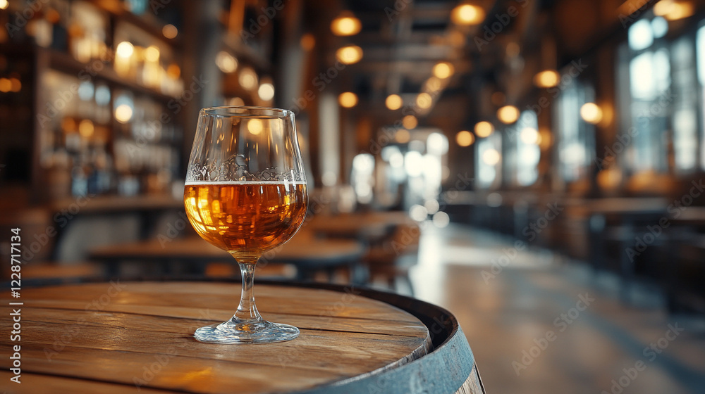 A glass of whiskey on an oak barrel in a distillery representing tradition craftsmanship minimalistic bright tone blurred background empty space for caption A glass of whiskey on an oak barrel in a distillery representing tradition craftsmanship minimalistic bright tone blurred background empty space for caption