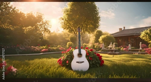 Serene Garden and Guitar, looping 4k time-lapse virtual video animation Generated AI. 3d render.
