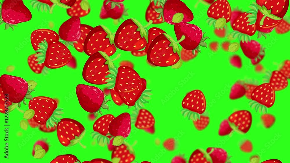Strawberries Falling on Green Background Strawberries Falling on Green Background