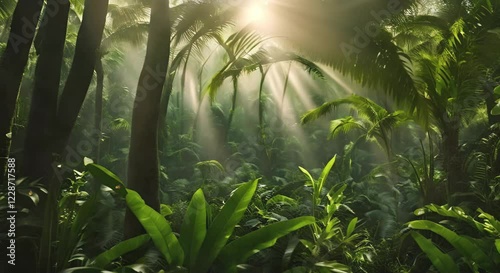 Quiet Tropical Forest Morning, looping 4k time-lapse virtual video animation Generated AI. Cinematic.