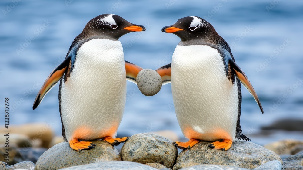 Obraz premium Playful Gentoo Penguins Holding Pebble on Rocky Shoreline