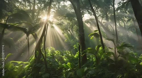 Tranquil Tropical Dawn Scene, looping 4k time-lapse virtual video animation Generated AI. Cinematic.