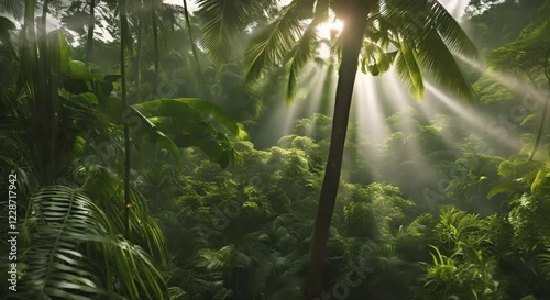 Golden Light in Rainforest, looping 4k time-lapse virtual video animation Generated AI. Cinematic.