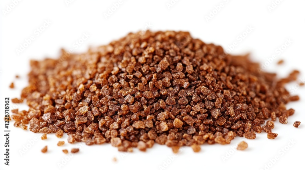 A pile of brown sugar crystals on a white background. A pile of brown sugar crystals on a white background.