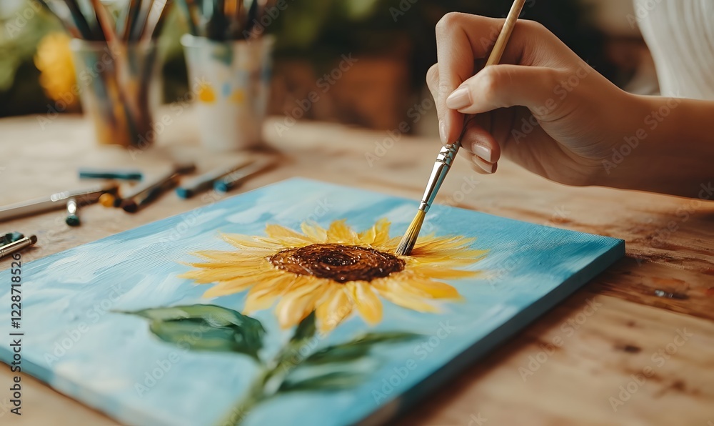Fototapeta premium Artistic hand of a woman with a brush paints the sunflowers with oil paints, Generative AI