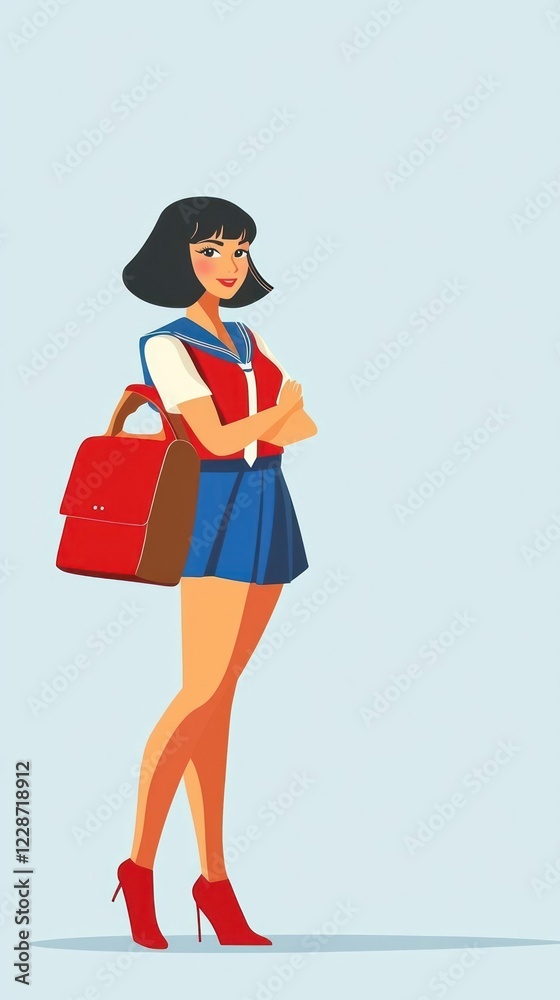 Schoolgirl, standing, confident, light blue background, education