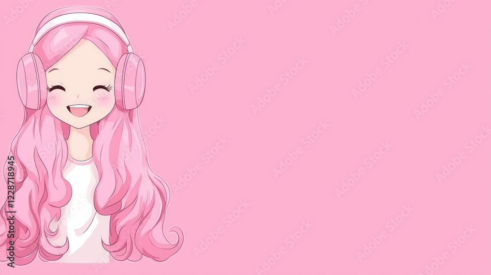 Happy girl pink headphones music streaming banner Happy girl pink headphones music streaming banner