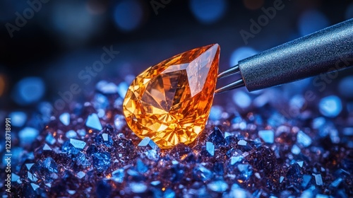 a stunning orange sapphire crystal in a luxurious setting being delicately picked up by precision tweezers.vibrant hue and flawless facets. The image conveys elegance, craftsmanship, and the artistry  photo