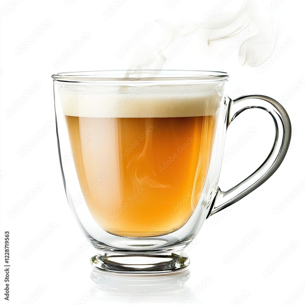 Creamy latte in glass mug, steaming milk, white background, breakfast beverage Creamy latte in glass mug, steaming milk, white background, breakfast beverage