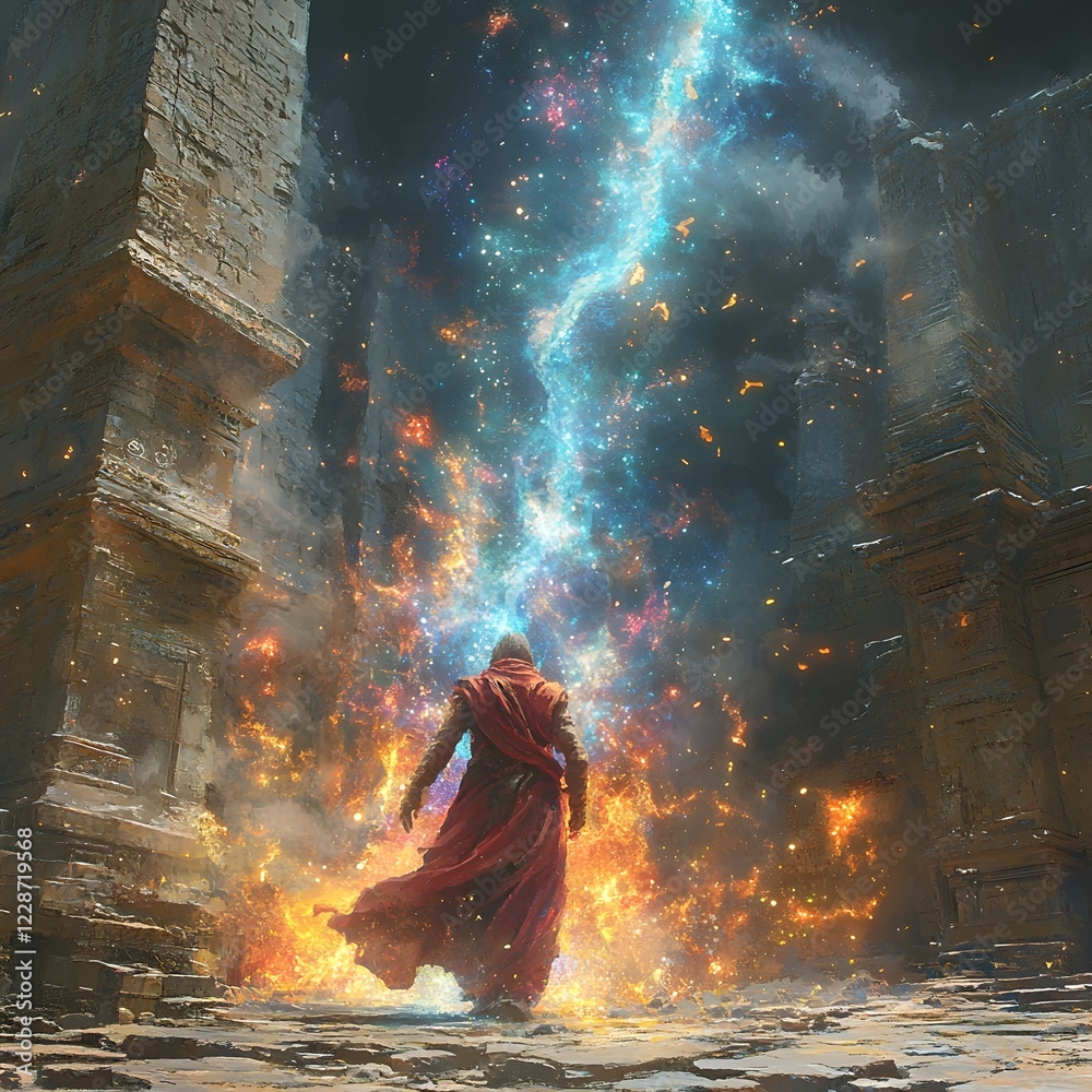 Powerful Wizard Unleashing Cosmic Magic in Surreal Mystical Realm