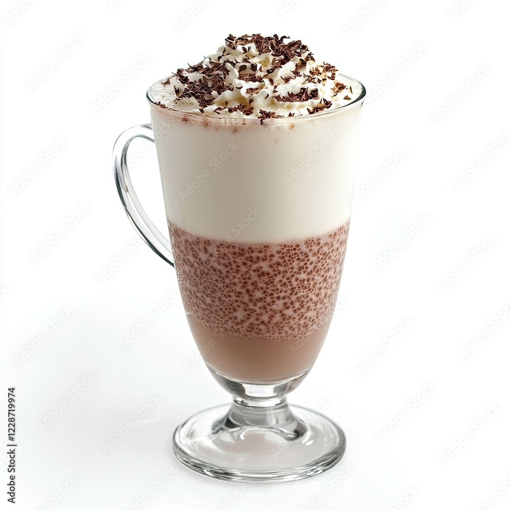 Layered chocolate drink with whipped cream, isolated on white; perfect for cafe menus Layered chocolate drink with whipped cream, isolated on white; perfect for cafe menus