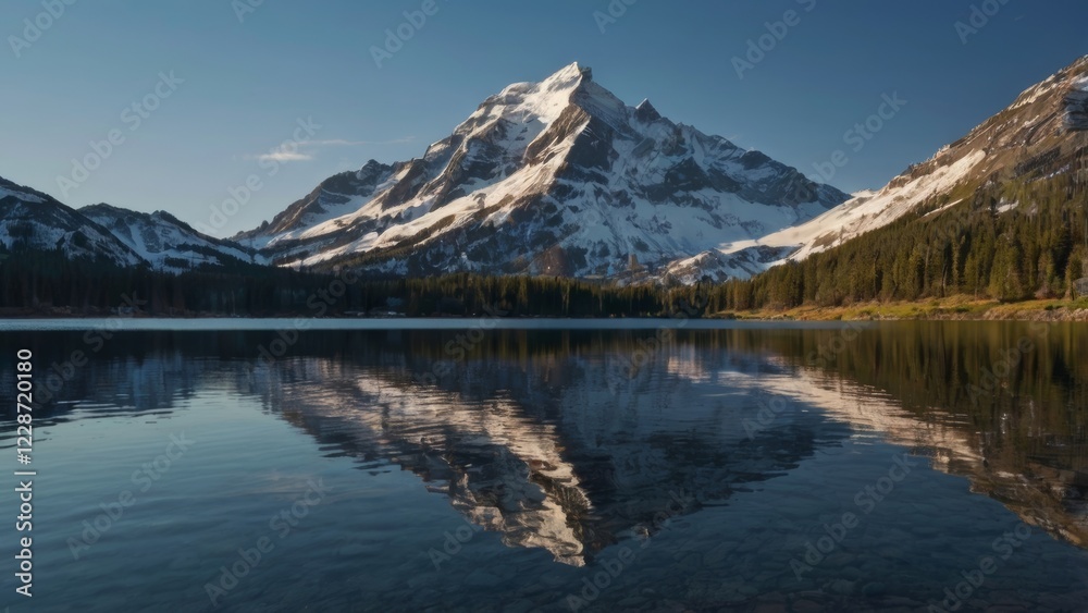Naklejka premium Snow capped mountain reflected in the still waters of a clear alpine lake surrounded by evergreens