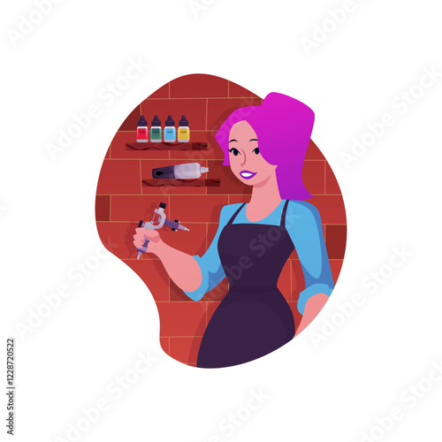 Young woman tattoo artist with needle machine in hand, vector professional tattooist master with purple hair and lips